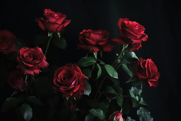 Red roses dark moody romantic background. Close-up flowers card backdrop. Ai generated