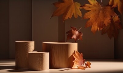 Autumn concept with cylinder podiums for promotion product presentationl, Geometric forms and shadow of the maple tree leaves on a wal, generative AI