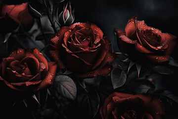 Red roses close-up dark romantic background. Flowers wallpaper. Ai generated