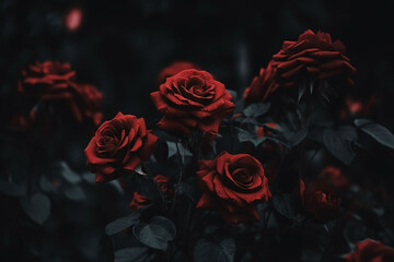 Red roses dark moody romantic background. Close-up floral banner. Ai generated