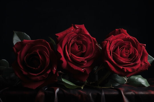 Red roses dark moody romantic background. Close-up flowers card backdrop. Ai generated