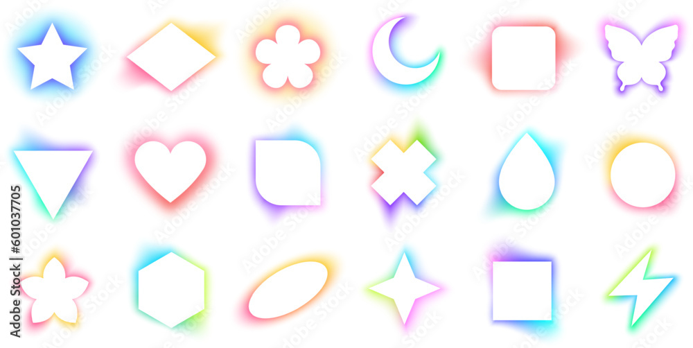 Poster White geometric frames with blurry rainbow gradient glow effect. Trendy modern illuminated moon and star forms, glowing heart and butterfly aura aesthetic, basic shapes with blur gradients vector set