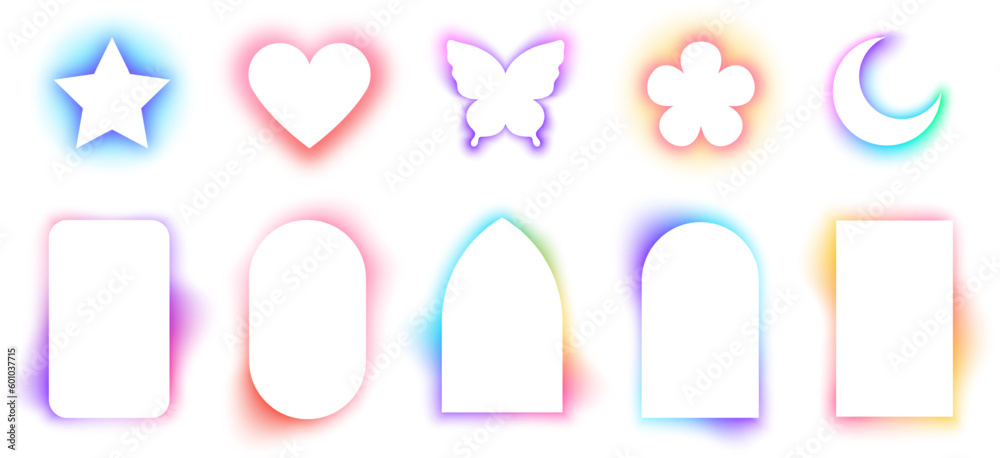 Poster Glowing heart and butterfly shapes, white arc frames with soft blurry gradients. Modern illuminated moon and star forms, trendy neon glow effect frame with colorful rainbow blur gradient vector set