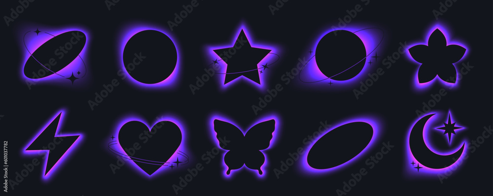 Poster Y2K style forms with purple glowing effect, butterfly silhouette with neon gradient glow. Trendy black moon and heart aura aesthetic design element with sparkles and violet blur gradients vector set
