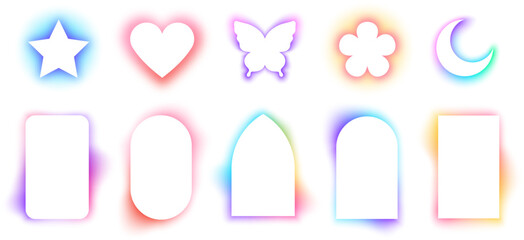 Glowing heart and butterfly shapes, white arc frames with soft blurry gradients. Modern illuminated moon and star forms, trendy neon glow effect frame with colorful rainbow blur gradient vector set