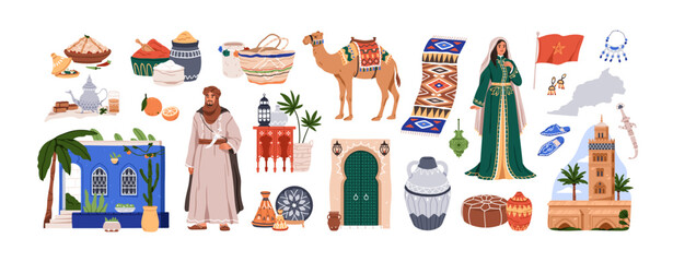 Fototapeta Traditional Morocco culture set. Moroccan heritage, Arabic food, pottery, architecture, clothes, accessories. Camel, oriental carpet, condiments. Flat vector illustrations isolated on white background obraz