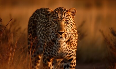 Beautiful leopard Looking For A Prey In The African Savanna, generative AI