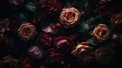 Red and pink roses close-up dark romantic background. Ai generated