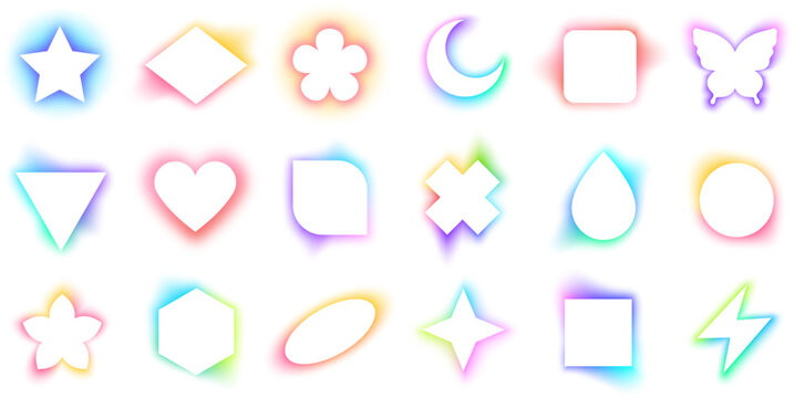 White geometric frames with blurry rainbow gradient glow effect. Trendy modern illuminated moon and star forms, glowing heart and butterfly aura aesthetic, basic shapes with blur gradients vector set