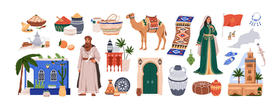 Traditional Morocco culture set. Moroccan heritage, Arabic food, pottery, architecture, clothes, accessories. Camel, oriental carpet, condiments. Flat vector illustrations isolated on white background