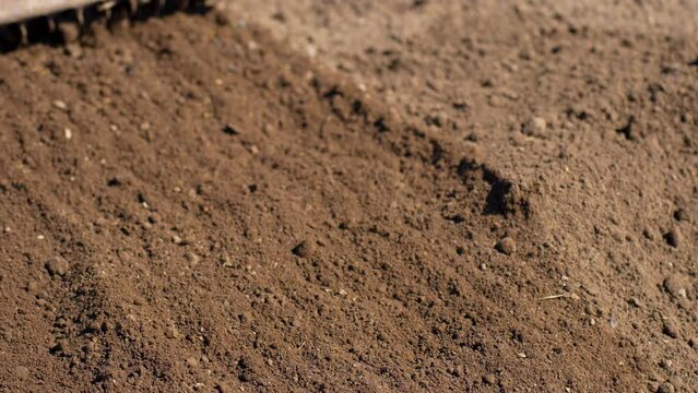 Farmer works with a rake in a field, close-up