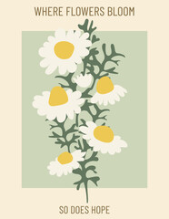 Postcard with vintage daisy flowers and text. Daisy background retro 70s style. Vector illustration.