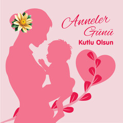 Happy Mother's day greeting card. Pink design element vector illustration. (Anneler Günü Kutlu Olsun Tebrik Kartı)