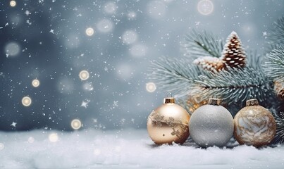 Obraz na płótnie Canvas Christmas balls, gold stars, snowy fir branches in snow background, Christmas and New Year decor, Winter holiday greeting card, generative AI