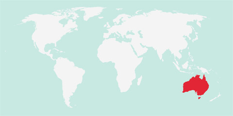 Vector map of the world with the country of Australia highlighted highlighted in red on white background.