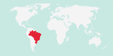 Vector map of the world with the country of Brazil highlighted highlighted in red on white background.