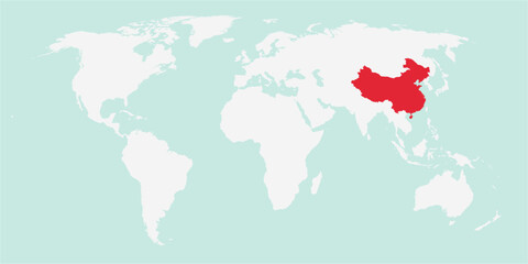 Vector map of the world with the country of China highlighted highlighted in red on white background.