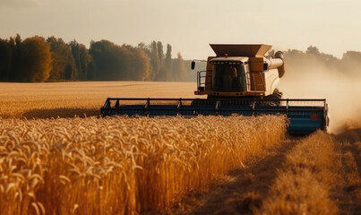 Fototapeta premium Combine harvester harvests ripe wheat, agriculture, generative AI