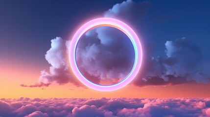 Ring shape glows with neon light inside the soft colorful cloud, fantasy sky with blank linear round frame