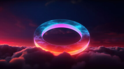 Ring shape glows with neon light inside the soft colorful cloud, fantasy sky with blank linear round frame