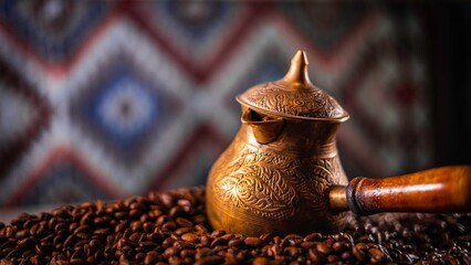 Golden Turkish coffee pot rests in a mountain of fresh coffee beans