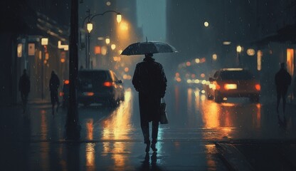 person walking in the rain. Generative AI.