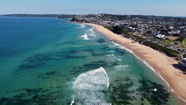 Aerial drone shot Merewether beach pan landscape nature view Pacific Ocean travel tourism Hamilton Bar Beach The Hill Newcastle real estate NSW Australia 4K