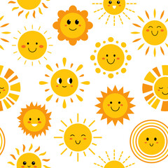 Vector seamless pattern with funny suns with faces. Pattern with cute summer sunshine on white background. Seamless print with happy smiling baby suns.