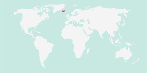 Vector map of the world with the country of Iceland highlighted highlighted in red on white background.