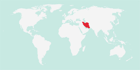Vector map of the world with the country of Iran highlighted highlighted in red on white background.