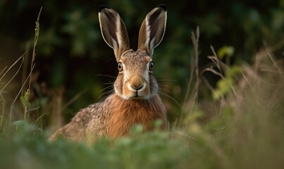 Naklejka na ściany i meble European hare stands in the grass and looking at the camera, generative AI