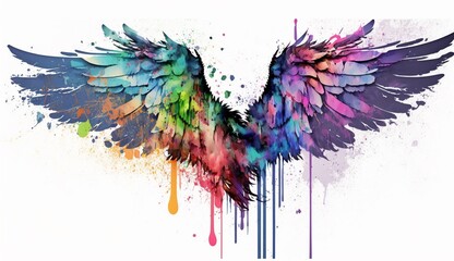 Watercolor Illustration of Grunge Style Bird Or Angel Wings With Rainbow Colors. Generative AI.