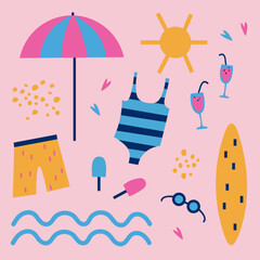 Doodle with a sea mood. Flat cartoon illustration  sea, swimsuit, swimming trunks, sun umbrella, hearts, cocktail, surfboard, ice cream, glasses, sun. Beach holiday, party, coast.