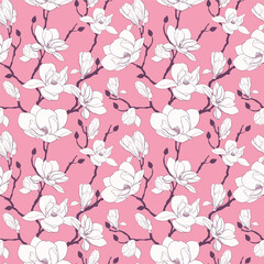 Floral seamless pattern with white Anise magnolia flowers, leaves and branches on pink background. Vintage vector ornament template for fabric, prints, greeting cards, packaging paper, textile.