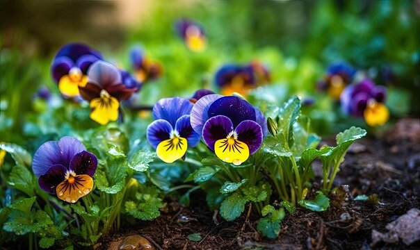 Flowering blue and yellow pansies in the garden, Summer nature landscape with fresh pansy flowers outdoor, generative AI