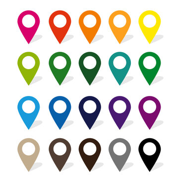 Location pins icons on transparent. map markers signs. flat style. map points symbols. map pointers symbol. map pin sign.