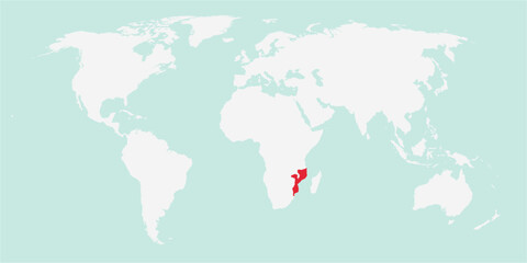Vector map of the world with the country of Mozambique highlighted highlighted in red on white background.