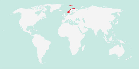 Vector map of the world with the country of Norway highlighted highlighted in red on white background.
