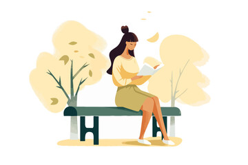 a young woman reading a book, sitting on a park bench. vector illustration.