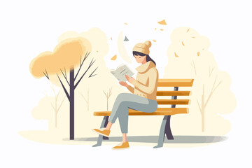 a young woman reading a book, sitting on a park bench. vector illustration.