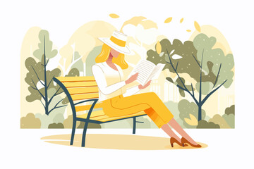 a young woman reading a book, sitting on a park bench. vector illustration.