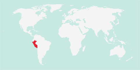 Vector map of the world with the country of Peru highlighted highlighted in red on white background.