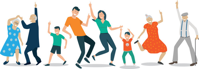 illustration vectorielle montrant une famille heureuse multi génération qui danse - obrazy, fototapety, plakaty
