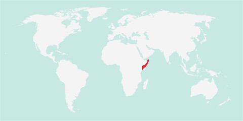 Vector map of the world with the country of Somalia highlighted highlighted in red on white background.