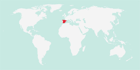 Vector map of the world with the country of Spain highlighted highlighted in red on white background.