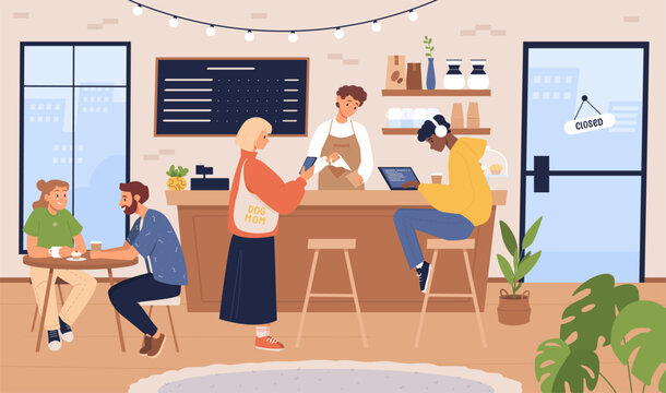 People in coffee shop vector illustration. Barista and customers inside cozy local cafe interior. Men and women drink coffee and tea in cafeteria or coffeehouse, bakery.