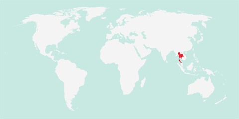 Vector map of the world with the country of Thailand highlighted highlighted in red on white background.