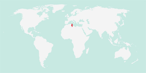 Vector map of the world with the country of Tunisia highlighted highlighted in red on white background.