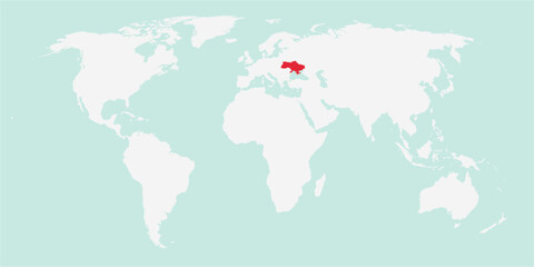 Vector map of the world with the country of Ukraine highlighted highlighted in red on white background.
