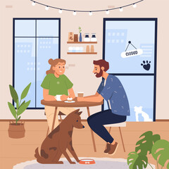 Pet-friendly coffee shop with cute dogs and cats. Pets and their owners eat together, sitting at tables, drinking coffee. Couple with pet in a cafe, restaurant. Romantic date